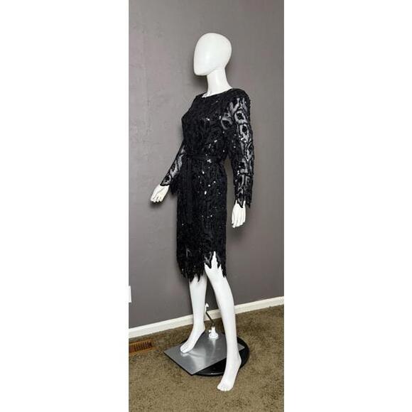 1980's Black Sequin +Beaded Silk Dress w/ Jagged Hem by O.R. Silk M Boho Evening - Picture 1 of 10